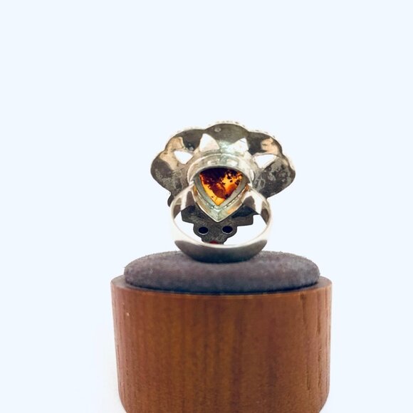 925 Sterling Silver Statement Ring Amber Turquoise Coral Inlay Size 8 Estate - Picture 3 of 11